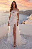 Off The Shoulder Ivory Corset A Line Ruched Wedding Dress with Slit
