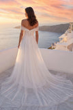 Off The Shoulder Ivory Corset A Line Ruched Wedding Dress with Slit