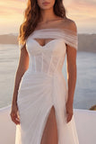 Off The Shoulder Ivory Corset A Line Ruched Wedding Dress with Slit