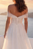 Off The Shoulder Ivory Corset A Line Ruched Wedding Dress with Slit