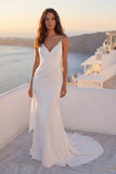 Mermaid Spaghetti Straps Ivory Satin Wedding Dress with Sash