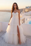 Ivory Sweetheart Ruched Tiered A Line Wedding Dress with Slit