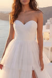 Ivory Sweetheart Ruched Tiered A Line Wedding Dress with Slit