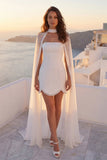 Strapless Satin Pearl Ivory Mini Dress with Cape