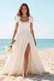 Ivory Round Neck Satin Corset A Line Wedding Dress with Bow