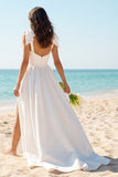 Ivory Round Neck Satin Corset A Line Wedding Dress with Bow