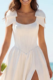 Ivory Round Neck Satin Corset A Line Wedding Dress with Bow
