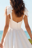 Ivory Round Neck Satin Corset A Line Wedding Dress with Bow