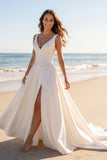 Ivory V-Neck Satin A Line Corset Wedding Dress with Slit