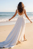 Ivory V-Neck Satin A Line Corset Wedding Dress with Slit
