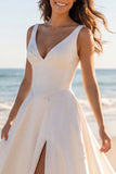 Ivory V-Neck Satin A Line Corset Wedding Dress with Slit