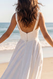 Ivory V-Neck Satin A Line Corset Wedding Dress with Slit