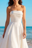 Simple Strapless Satin Ivory A Line Wedding Dress