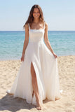 A Line Square Neck Ivory Wedding Dress with Slit