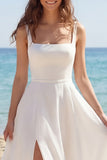A Line Square Neck Ivory Wedding Dress with Slit