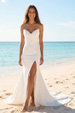 Mermaid Ivory Ruched Sweetheart Wedding Dress with Slit