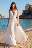 Ivory Pleated A Line V-Neck Long Wedding Dress