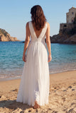 Ivory Pleated A Line V-Neck Long Wedding Dress