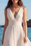 Ivory Pleated A Line V-Neck Long Wedding Dress