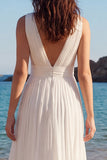 Ivory Pleated A Line V-Neck Long Wedding Dress