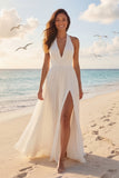 Halter A Line Ivory Pleated Long Wedding Dress with Slit
