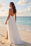 Halter A Line Ivory Pleated Long Wedding Dress with Slit