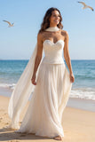 Sweetheart A Line Ivory Ruched Wedding Dress with Streamer