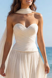 Sweetheart A Line Ivory Ruched Wedding Dress with Streamer