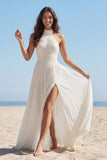 Halter A Line Ivory Pleated Wedding Dress with Slit