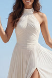 Halter A Line Ivory Pleated Wedding Dress with Slit