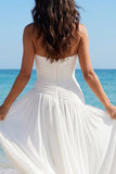 Sweetheart A Line Ruched Ivory Long Boho Wedding Dress