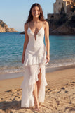 Ivory Spaghetti Straps Ruffled Engagement Dress with Slit