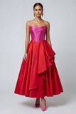 Strapless A Line Ruffled Corset Fuchsia and Red Colour Block Formal Dress
