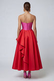 Strapless A Line Ruffled Corset Fuchsia and Red Colour Block Formal Dress