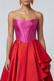 Strapless A Line Ruffled Corset Fuchsia and Red Colour Block Formal Dress