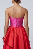 Strapless A Line Ruffled Corset Fuchsia and Red Colour Block Formal Dress