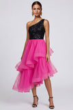 Sparkly Tiered One Shoulder Fuchsia and Black Formal Dress
