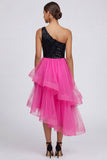 Sparkly Tiered One Shoulder Fuchsia and Black Formal Dress