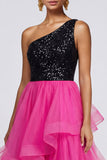 Sparkly Tiered One Shoulder Fuchsia and Black Formal Dress