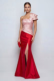 One Shoulder Mermaid Ruched Pink and Red Formal Dress