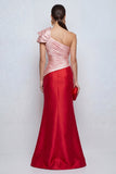 One Shoulder Mermaid Ruched Pink and Red Formal Dress