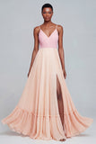 A Line Ruffled Pink and Champagne Formal Dress