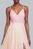 A Line Ruffled Pink and Champagne Formal Dress