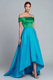 Off the Shoulder High Low Satin A Line Green and Blue Formal Dress