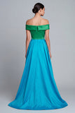 Off the Shoulder High Low Satin A Line Green and Blue Formal Dress