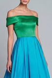 Off the Shoulder High Low Satin A Line Green and Blue Formal Dress