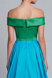 Off the Shoulder High Low Satin A Line Green and Blue Formal Dress