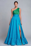 One Shoulder Ruffled A Line Green and Blue Formal Dress