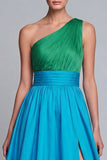 One Shoulder Ruffled A Line Green and Blue Formal Dress