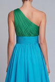 One Shoulder Ruffled A Line Green and Blue Formal Dress